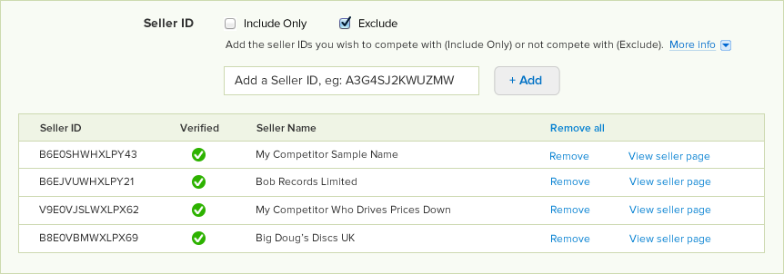 Include/Exclude Sellers from your competition