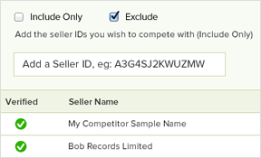 RepricerExpress allows you to include or exclude certain sellers from your competition